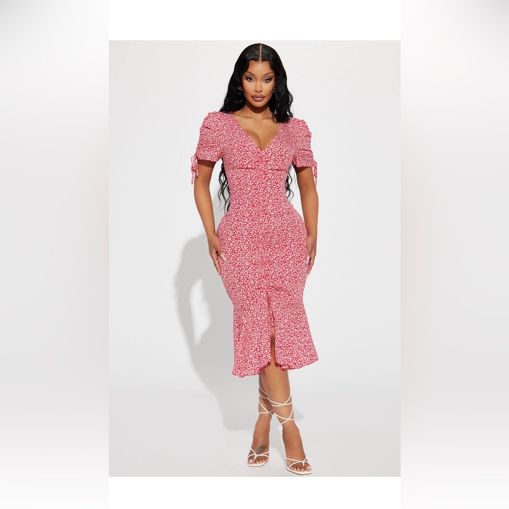 Clarissa Floral Midi Dress - Red/White